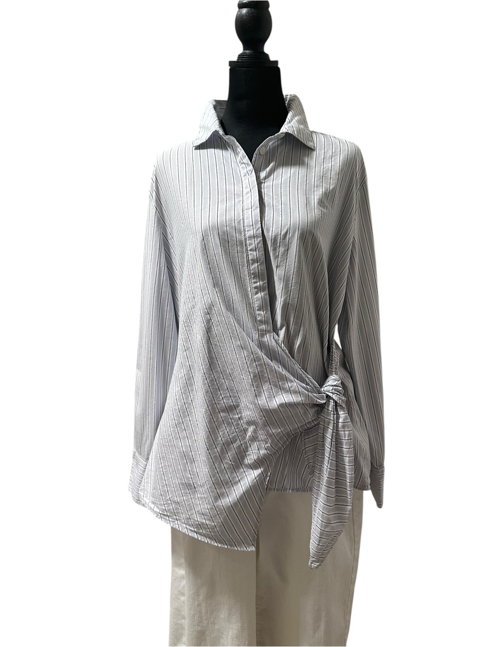 LOFT White & Gray Striped Wrap Tie Blouse